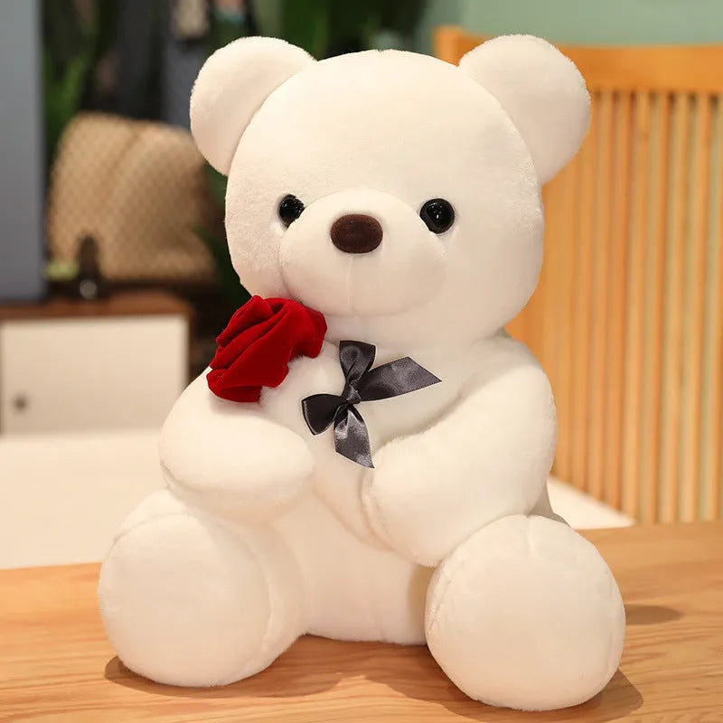 Rose bear plush toy in beige, brown, or grey, shown in sizes from 23cm to 45cm.