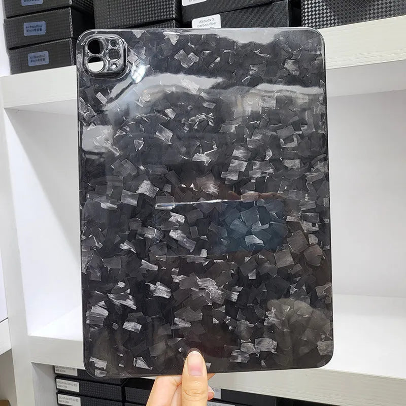 Real carbon fibre hard protective case for Apple iPad Pro 11 tablet in a flat design.