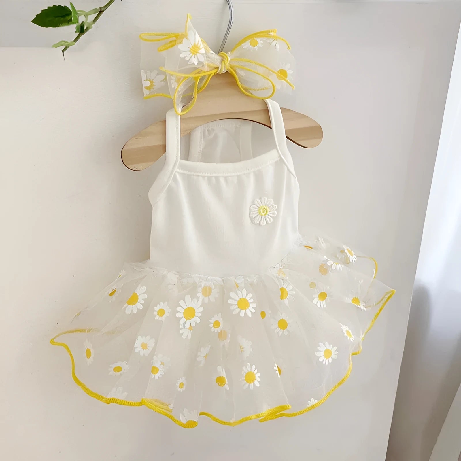 Yellow daisy patterned polyester dog clothes for summer wear in multiple sizes