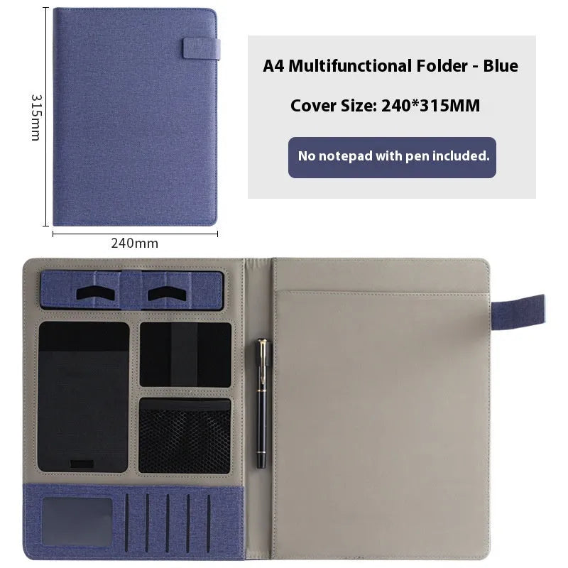 A4 leather business folder in black with pen and notepad options for office use