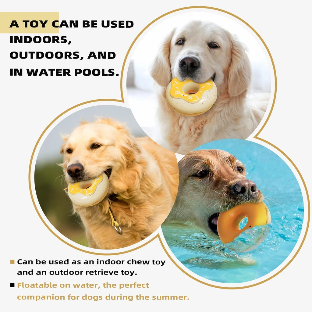 TPR donut-shaped dog chew toy with squeaker in pink, yellow, or chocolate colour.