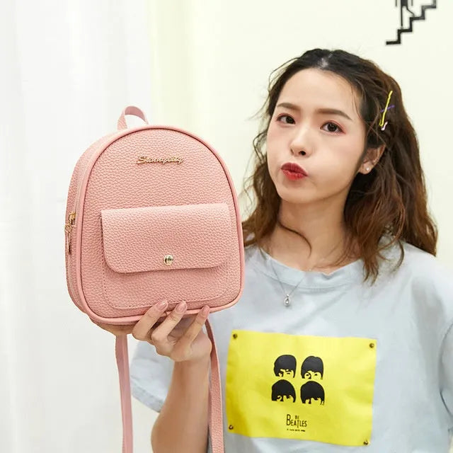 PU women's small backpack shoulder bag in solid colour with zipper closure