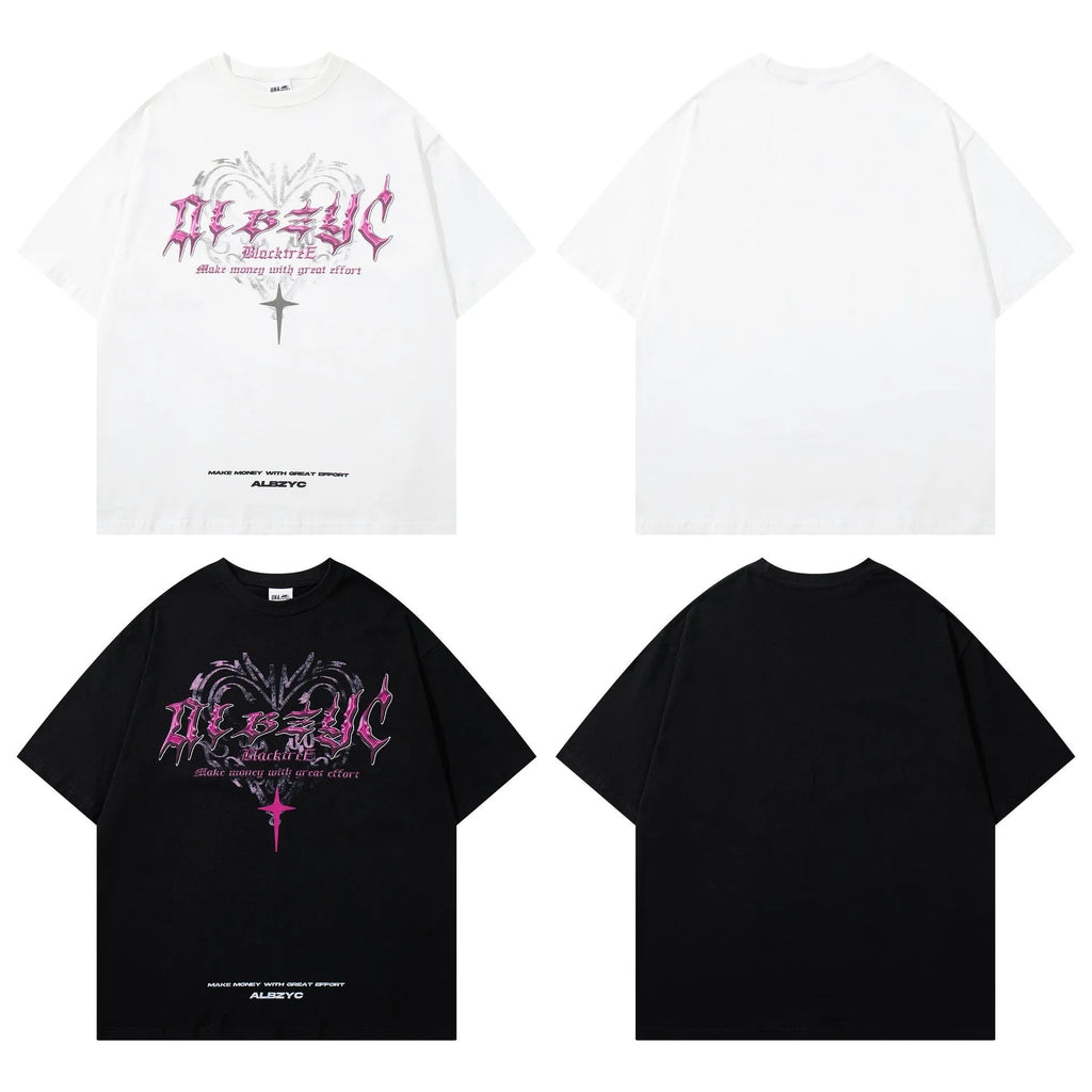 Men's white cotton t-shirt with retro design print showing loose fit and short sleeves