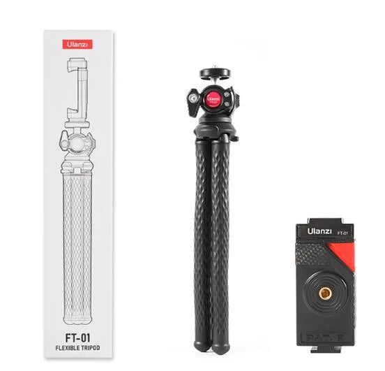 Black octopus mobile phone tripod set with flexible legs and clip extended to 360mm