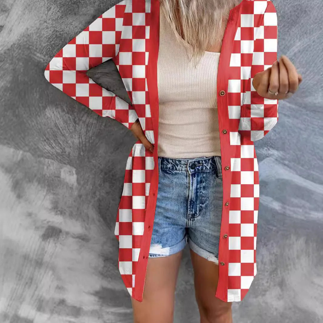 Women's long plaid cardigan coat in loose fit with contrast pattern and regular sleeves