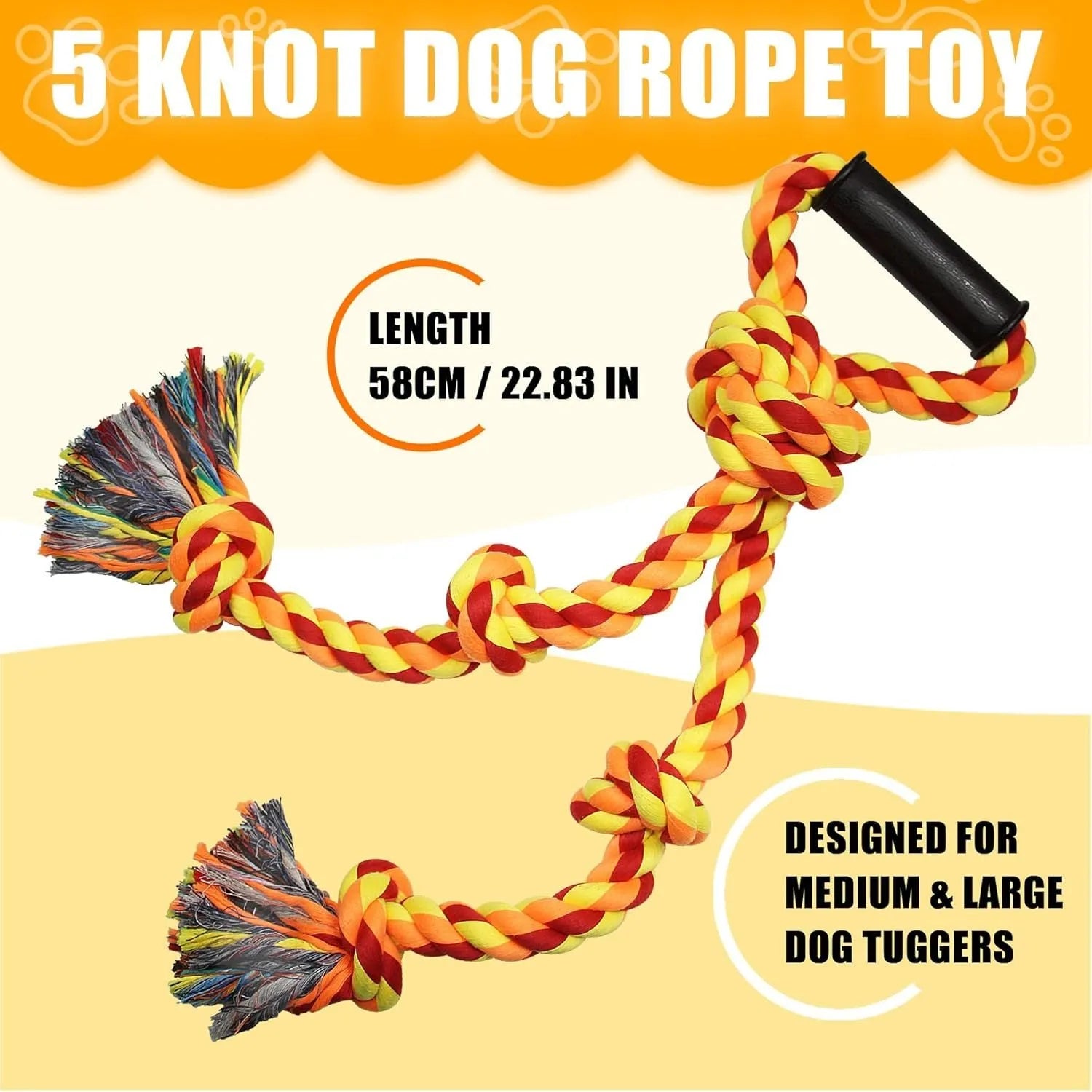 Blue and yellow woven cotton rope dog toy with a handle for large breed tug of war