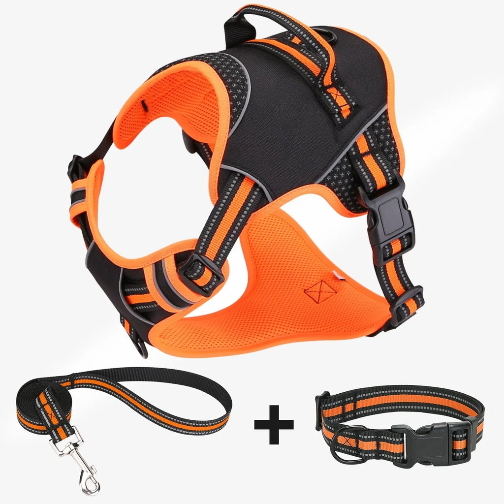 Orange anti-breaking dog harness with polyester traction strap for outdoor walking.
