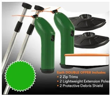 Cordless Zip Trim lawn trimmer with extension pole and protective shield on garden grass