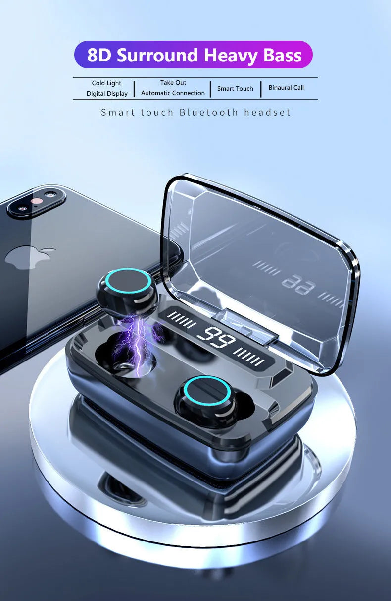 Black Bluetooth wireless headset with digital display, touch controls, and integrated mobile phone holder.
