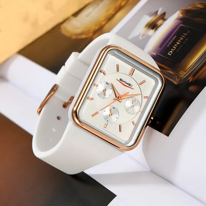 Square silicone waterproof watch for girls showing multiple colour options including white rose gold and black blue