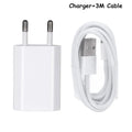 White 5V 2A USB travel charger and Lightning cable for iPhone and iPad on a wooden table.