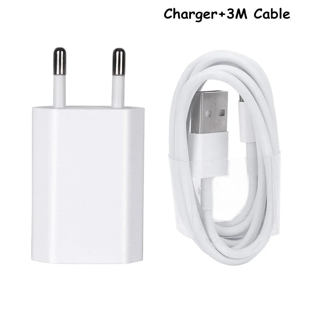 White 5V 2A USB travel charger and Lightning cable for iPhone and iPad on a wooden table.