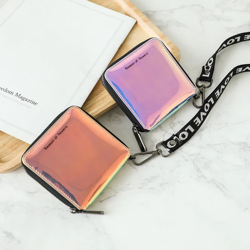 Women's short folding wallet with Korean style design showing crystal blue colour option