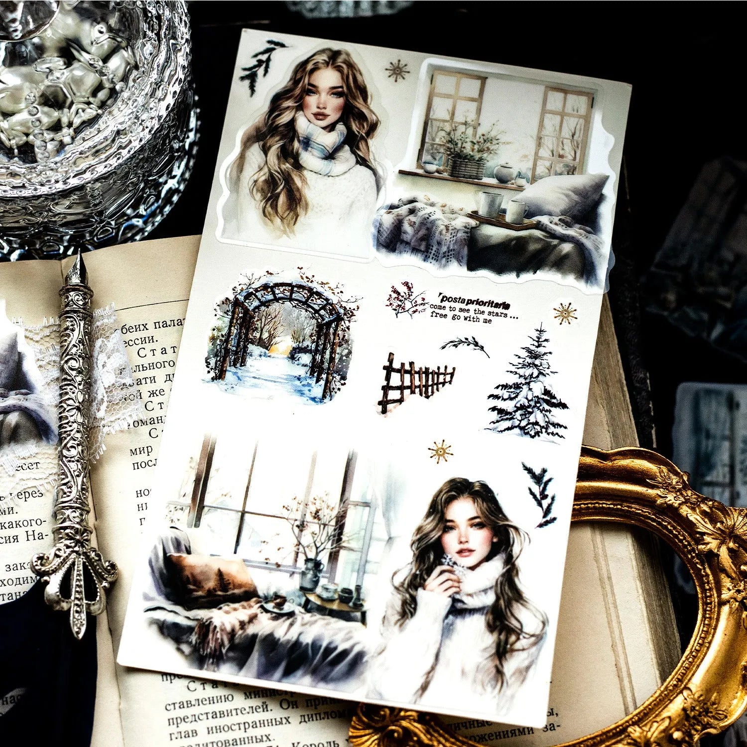 Retro-style printed decorative sticker sheet from the Window Story Series for journals.