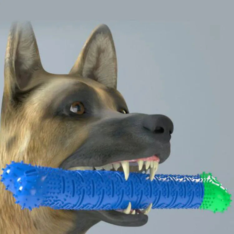 Blue-green silicone dog dental chew stick with textured cleaning surface, 25cm long.
