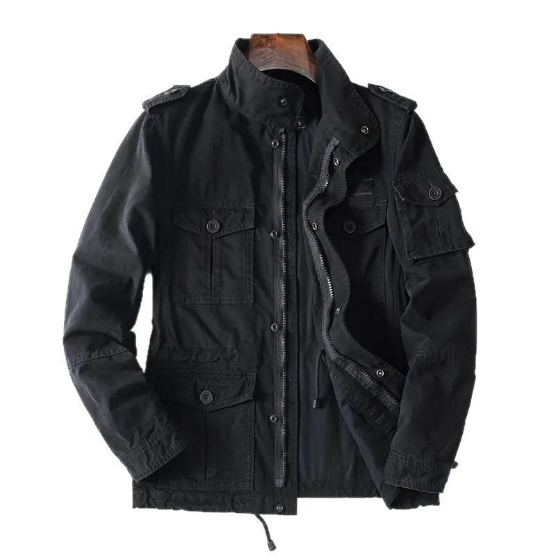 Men's loose-fit casual cotton zip-up jacket in light brown colour, retro style.