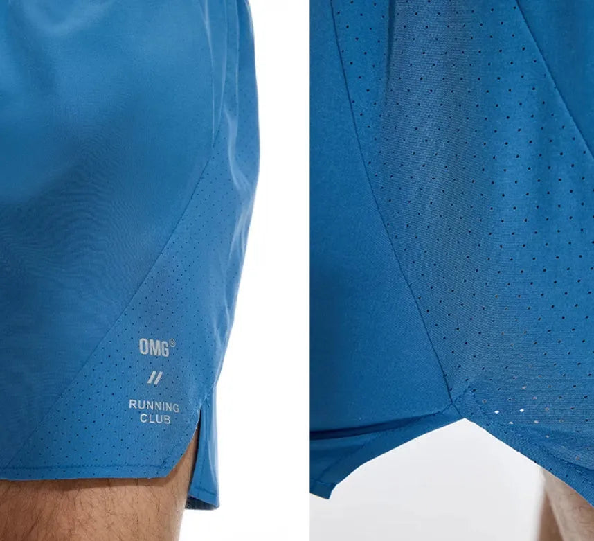 Men's black running shorts with laser-punched stitching detail on the legs.