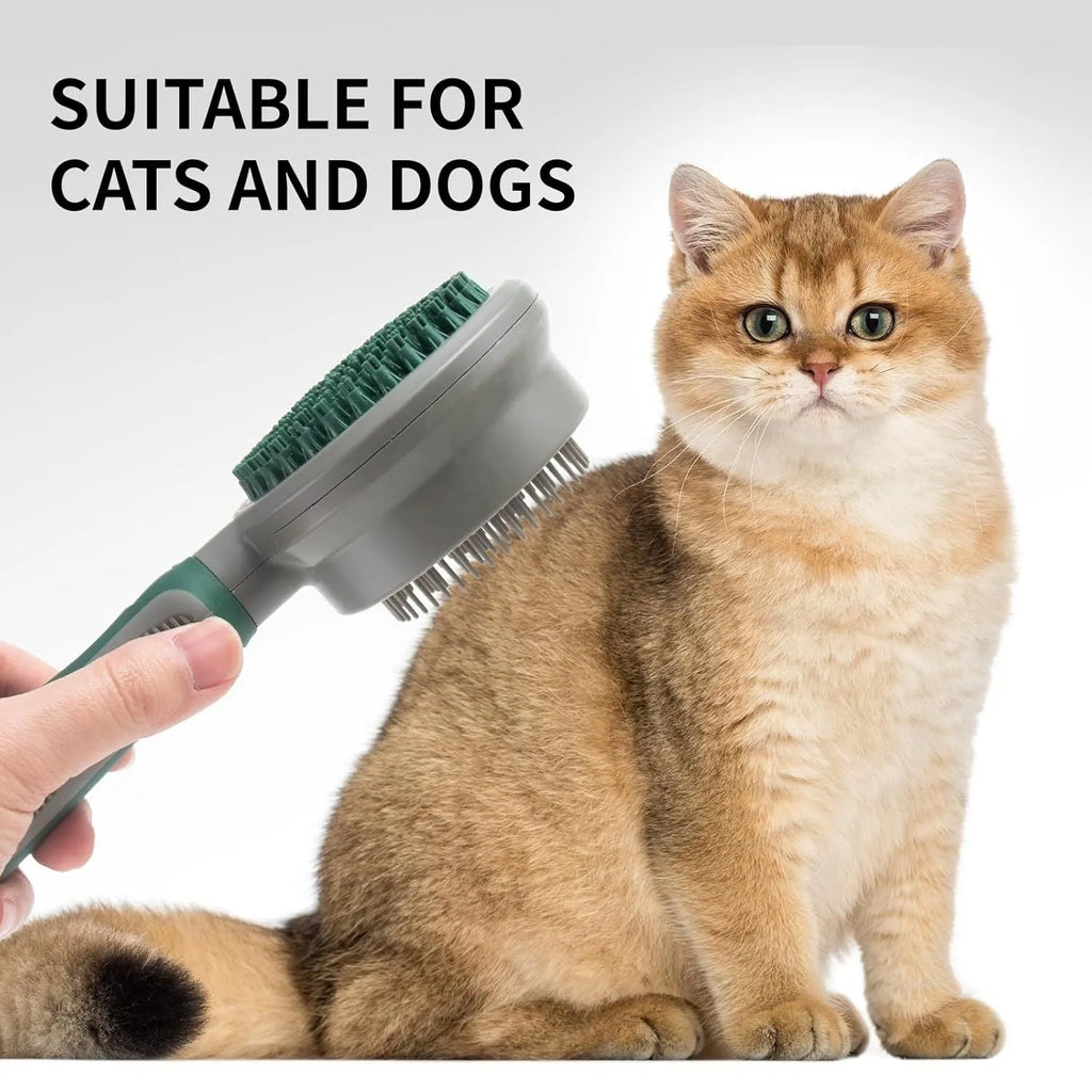 Green and pink two-sided pet grooming brush with a slicker head and a silicone massager head on a textured handle.