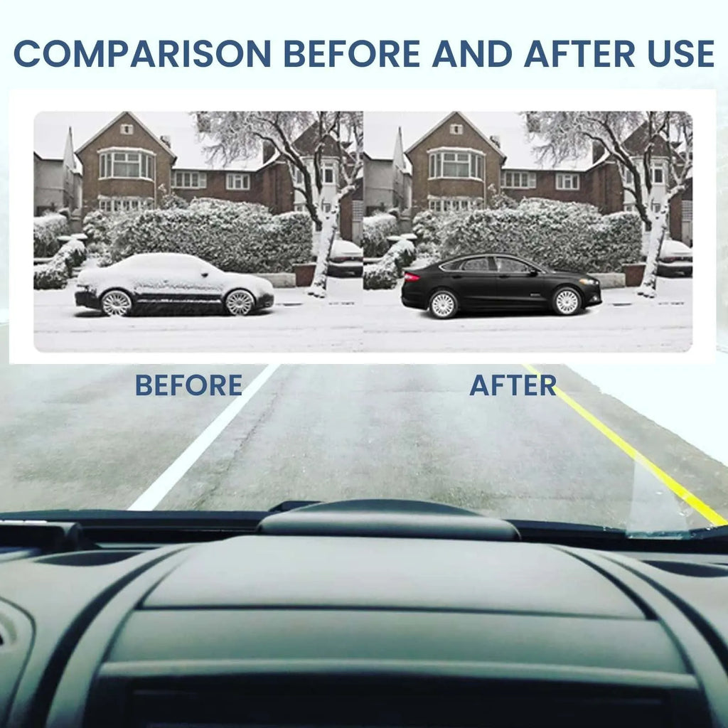 Small black plastic handheld car deicer tool with special glass for melting snow and ice.
