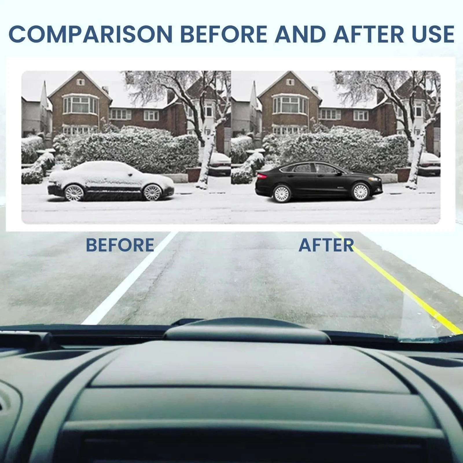 Small black plastic handheld car deicer tool with special glass for melting snow and ice.