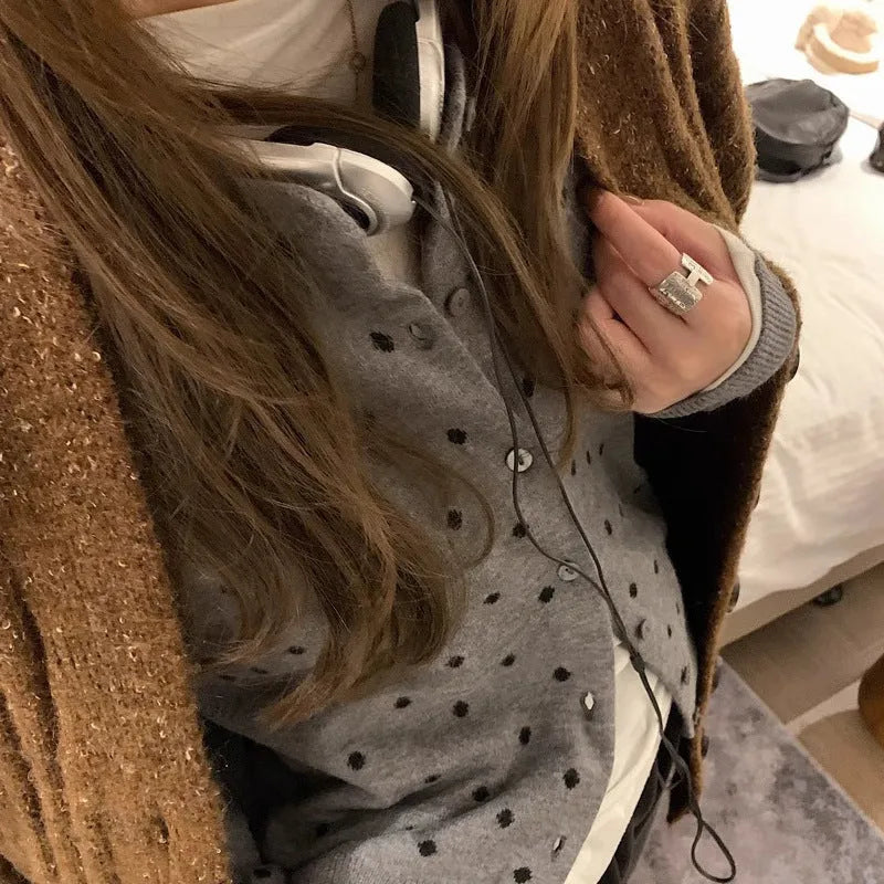 Women's Korean-style gray dot knitted cardigan with crocheted flower detail in black or gray colour