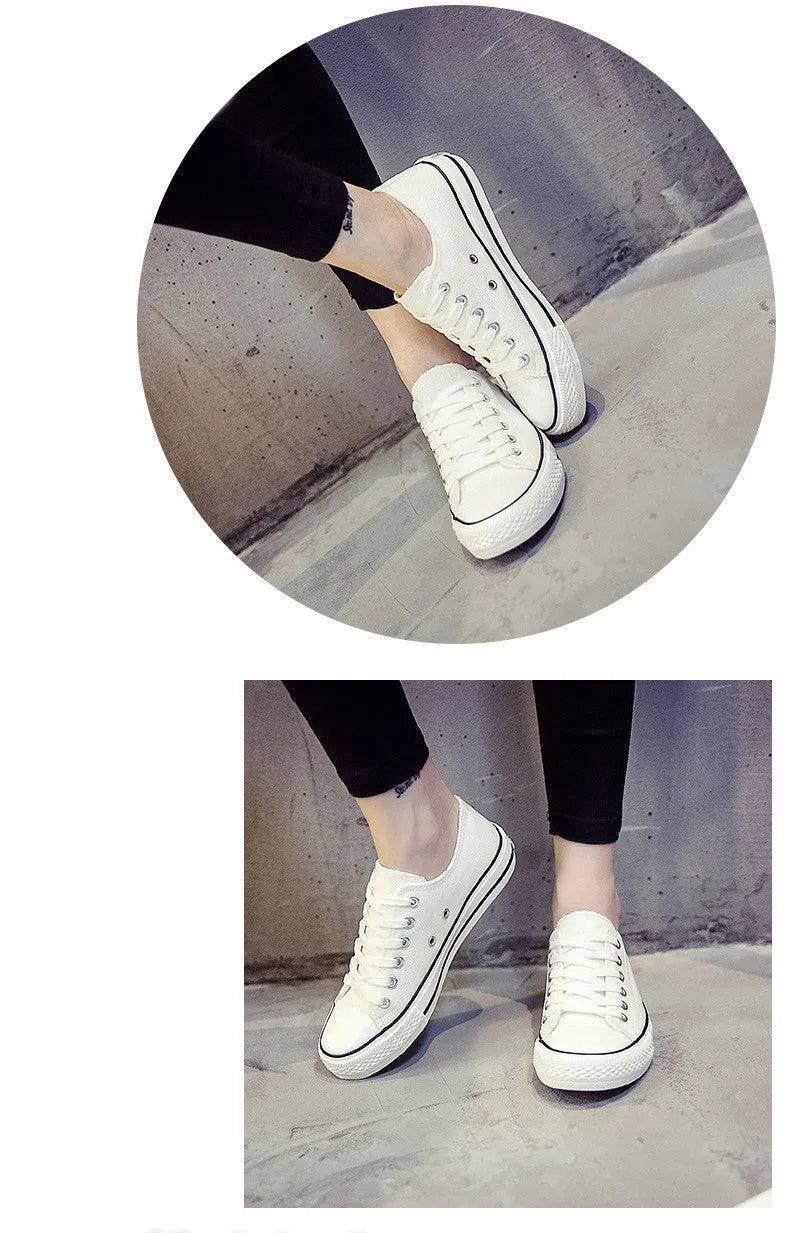 Women's solid colour canvas casual shoes shown in black, white black, white red, and all black colour options.