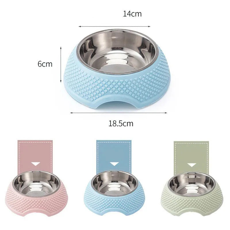 Set of four stainless steel pet bowls with non-slip bases in blue, green, and pink colours
