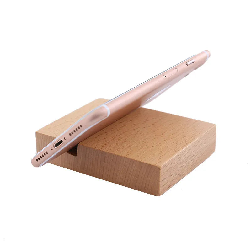 Beech wood mobile phone holder with resin animal decoration and custom lettering on coin back.