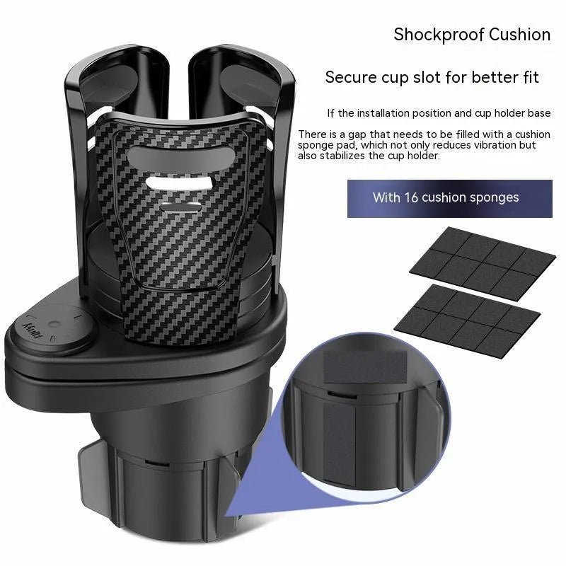 Second generation upgrade car cup holder modification tray in carbon fibre and matte ABS plastic finish.