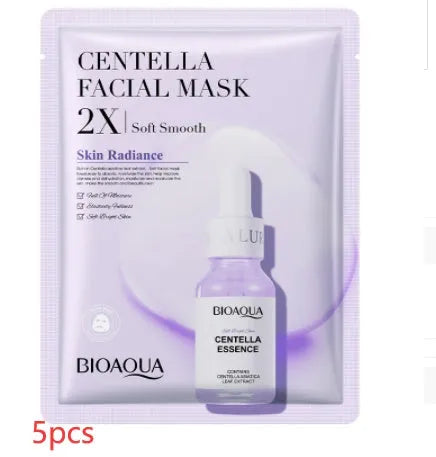Single-use facial sheet mask with gel serum, shown in Centella, Collagen, Hyaluronic Acid or Vitamin C variants.