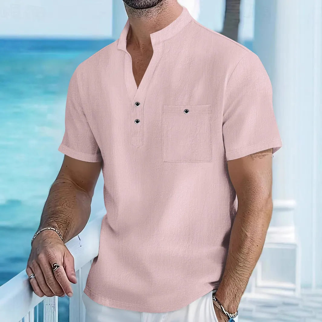 Men's linen stand collar short sleeve shirt in light blue colour showing loose fit design