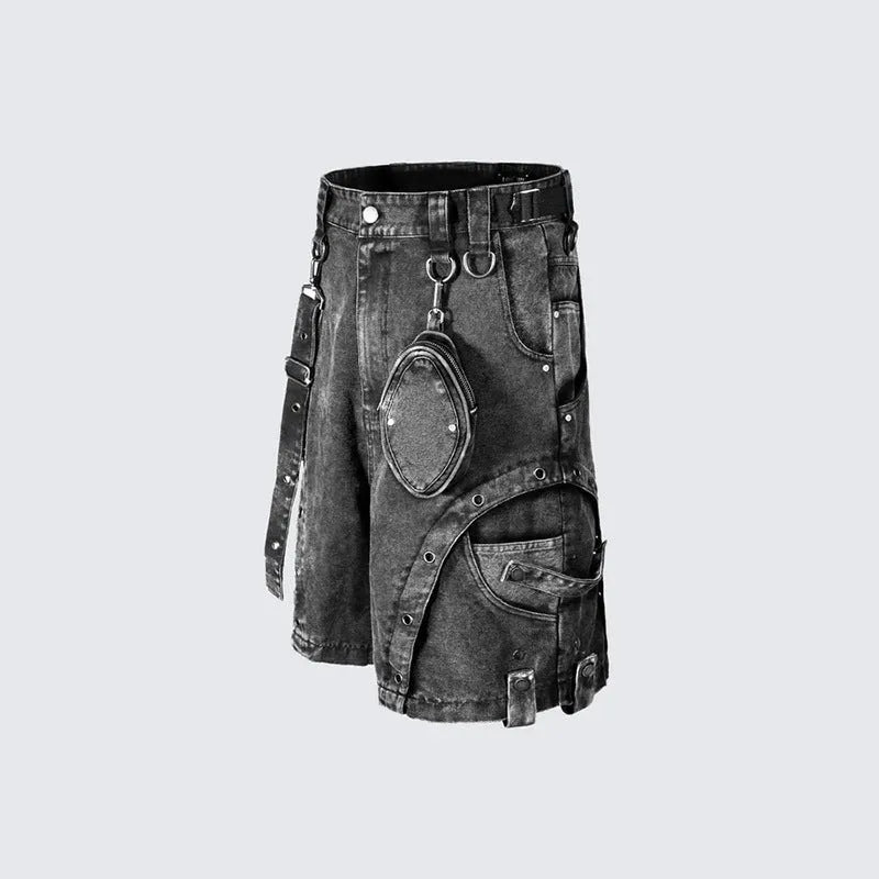 Retro high street loose denim shorts in washed colour on a model.