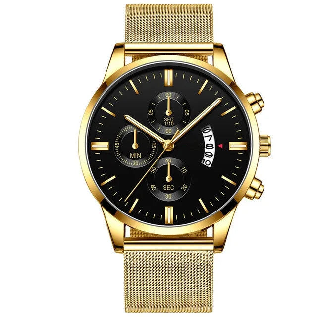 Men's stainless steel analog watch with a mesh band in a two-tone colour.