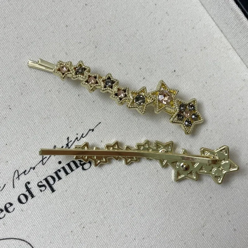 Gold electroplated Korean style bangs barrette with side clip and rhinestone star decoration