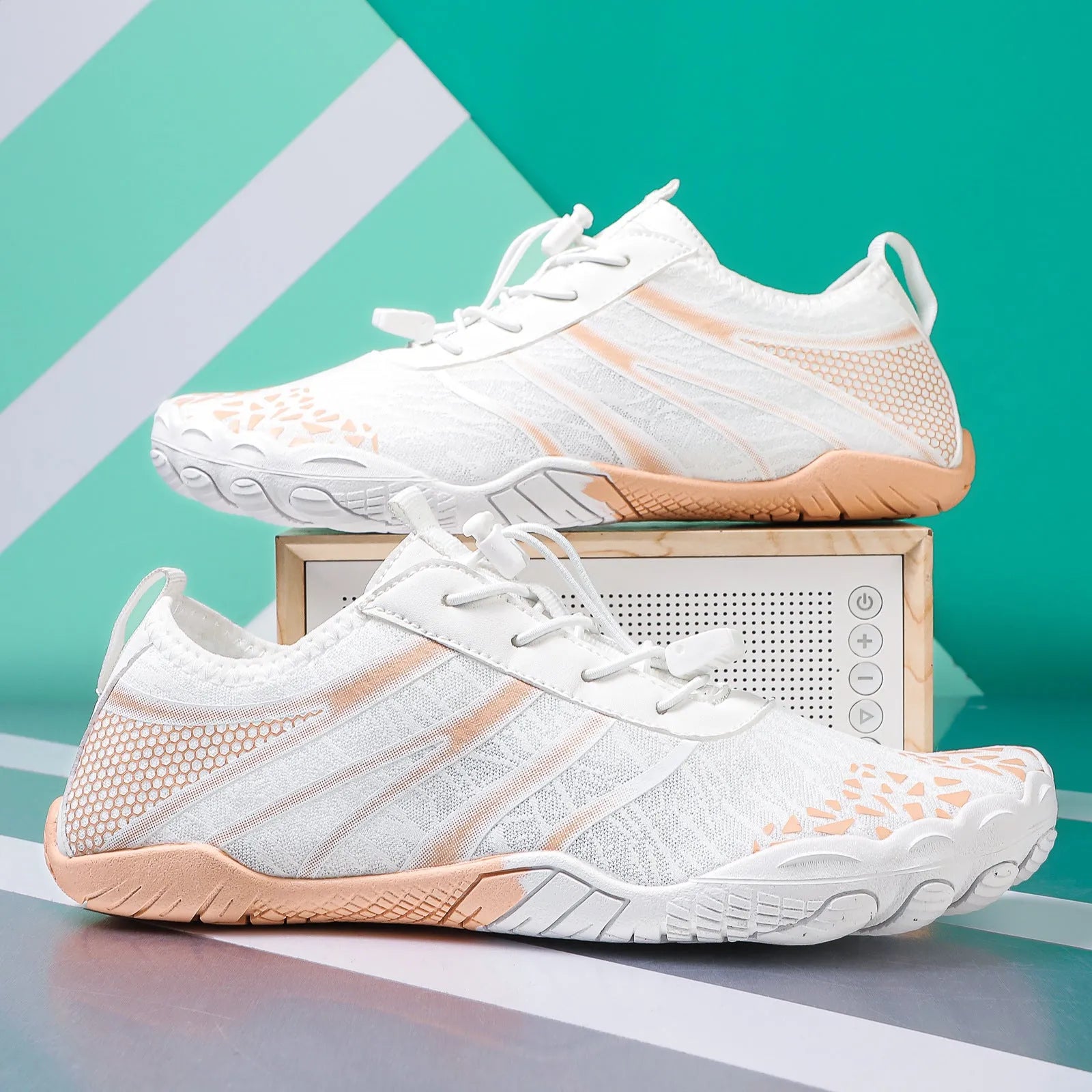 Beach running shoes with Lycra stretch fabric upper in various colours, showing casual design.