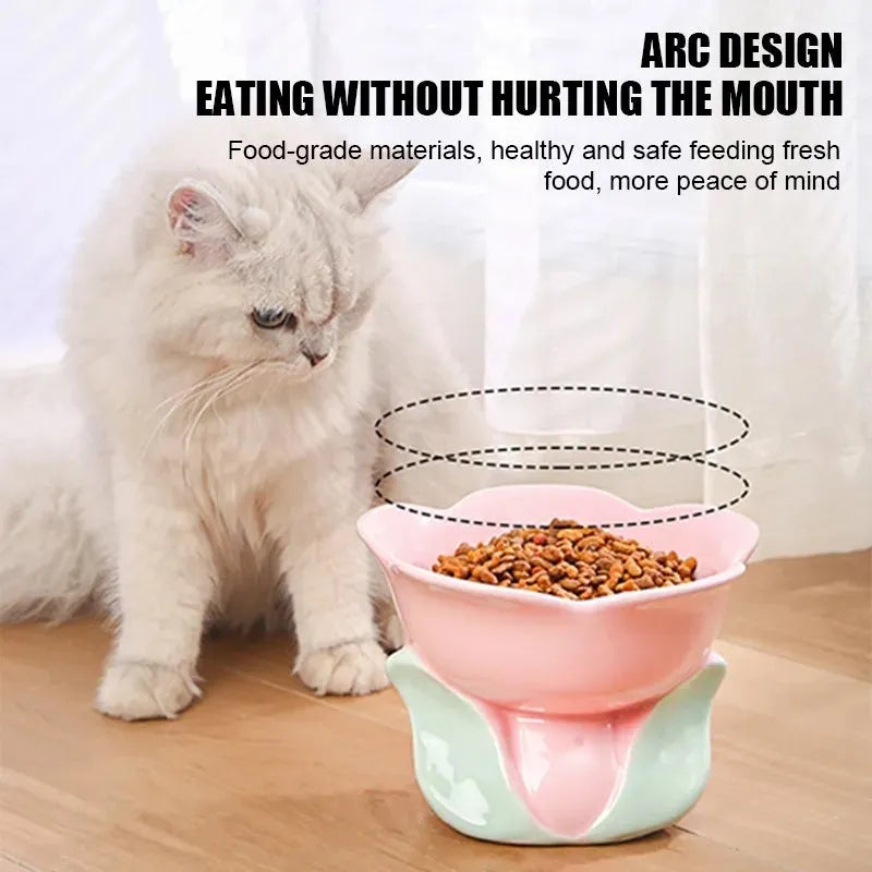 Blue ceramic raised pet bowl with floral pattern and non-slip base for cat or small dog.