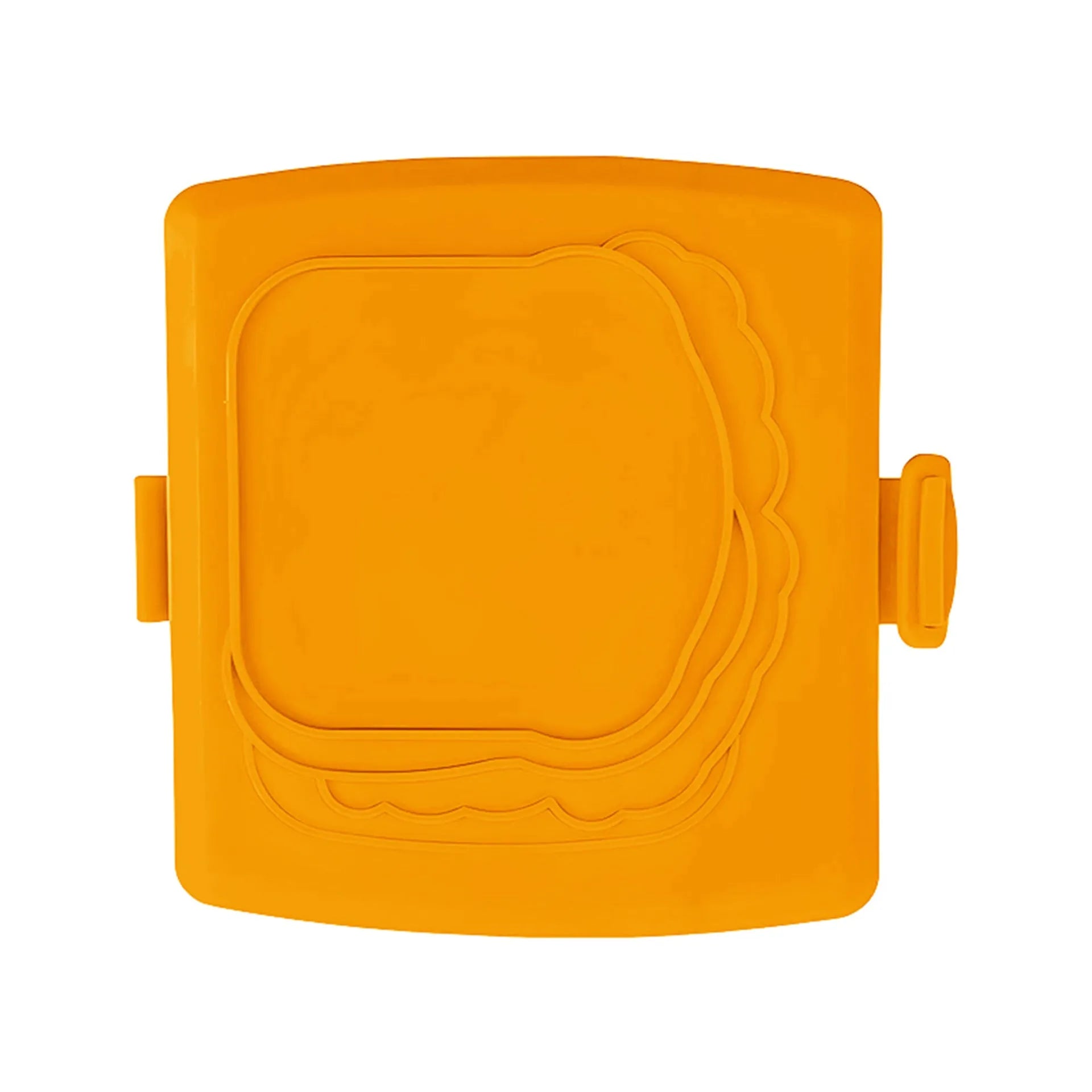 Red silicone baking tray with attached blue silicone gloves in a 3-in-1 anti-scald handbag design.