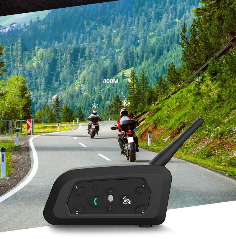 V6 Pro motorcycle helmet Bluetooth intercom unit with mounting clip and headset, shown with its 800m range and compact dimensions.