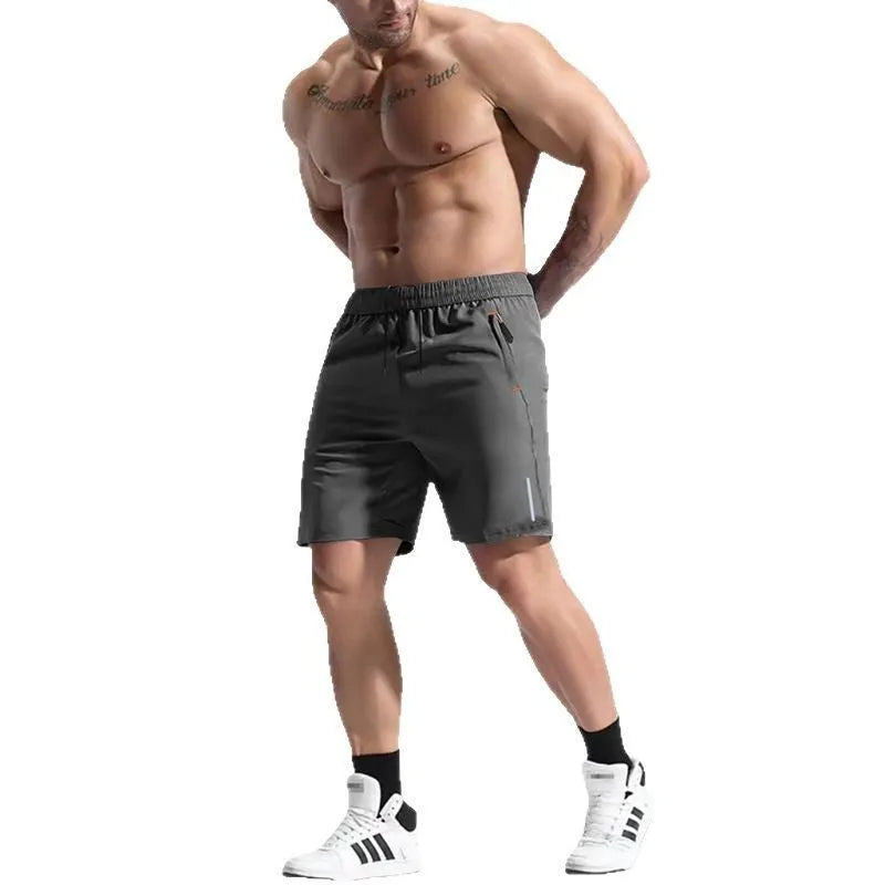 Men's grey bamboo blend sports shorts with elastic drawstring waist on a plain background.