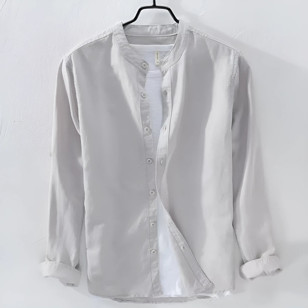 Loose fit men's casual shirt in cotton linen blend fabric showing long sleeves and solid colour options