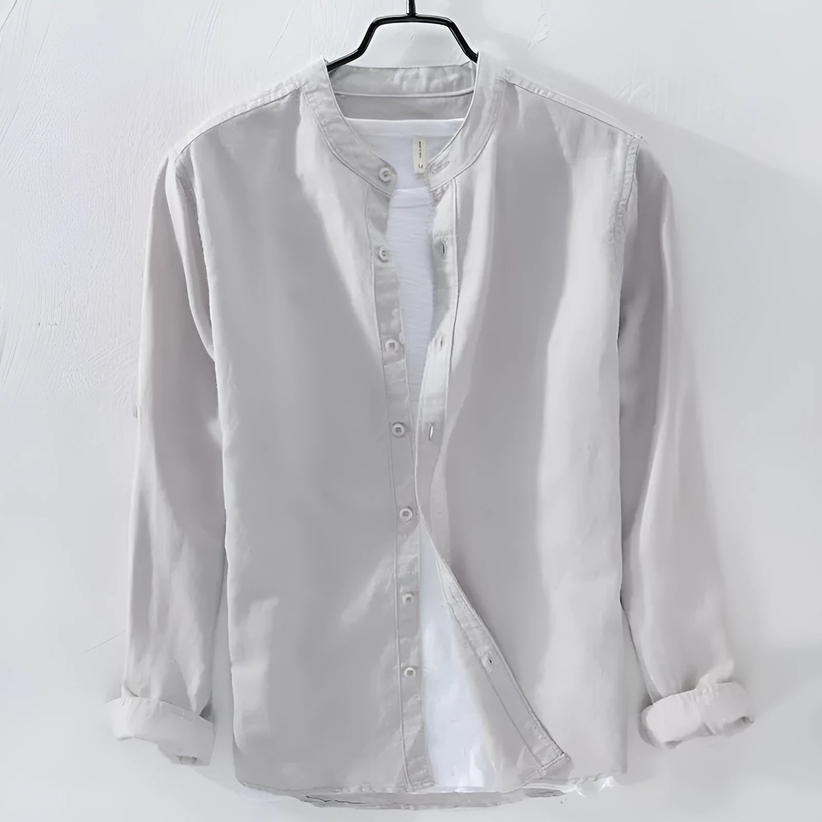 Loose fit men's casual shirt in cotton linen blend fabric showing long sleeves and solid colour options