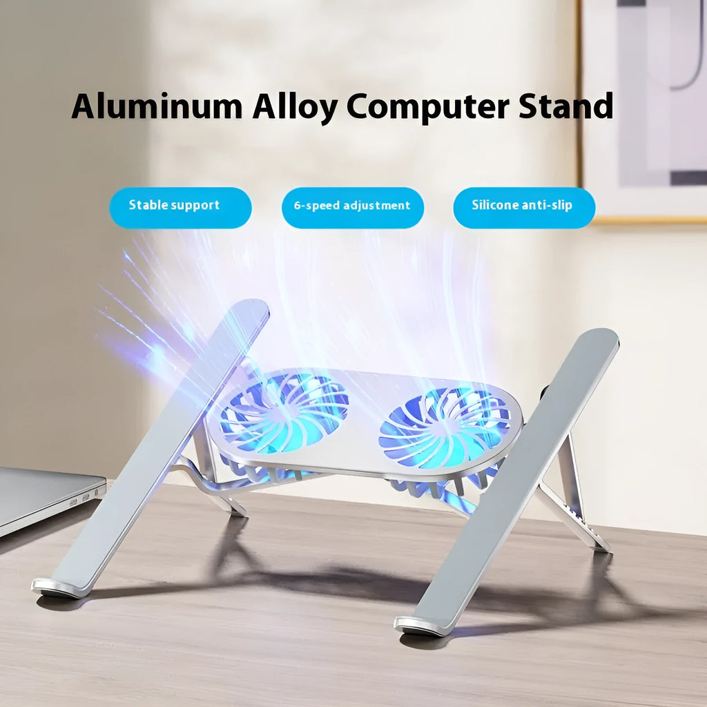 Aluminium alloy portable folding laptop stand with twin cooling fans