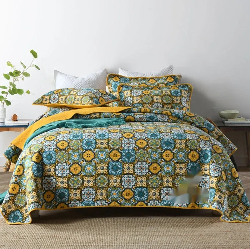 Pure cotton geometric pattern bedspread three-piece set showing double-sided design for 1.8 metre bed