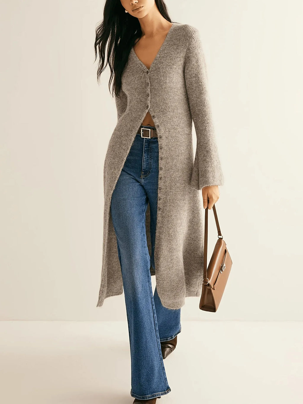 Khaki French style retro long sleeve cardigan coat with button fastening