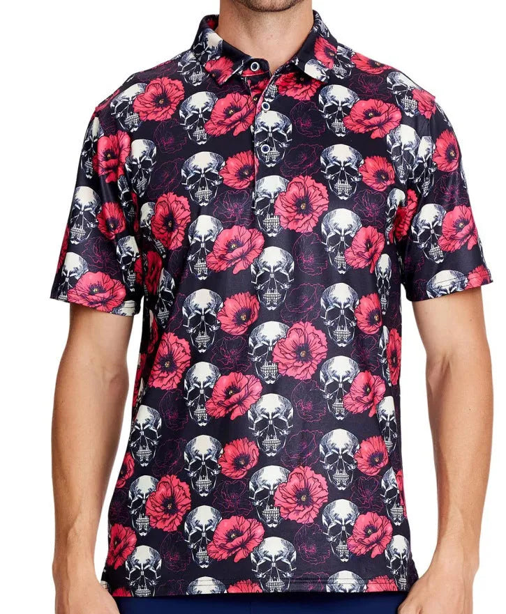 Men's 3D printed short sleeve t-shirt with graphic pattern and zip decoration on a mannequin.