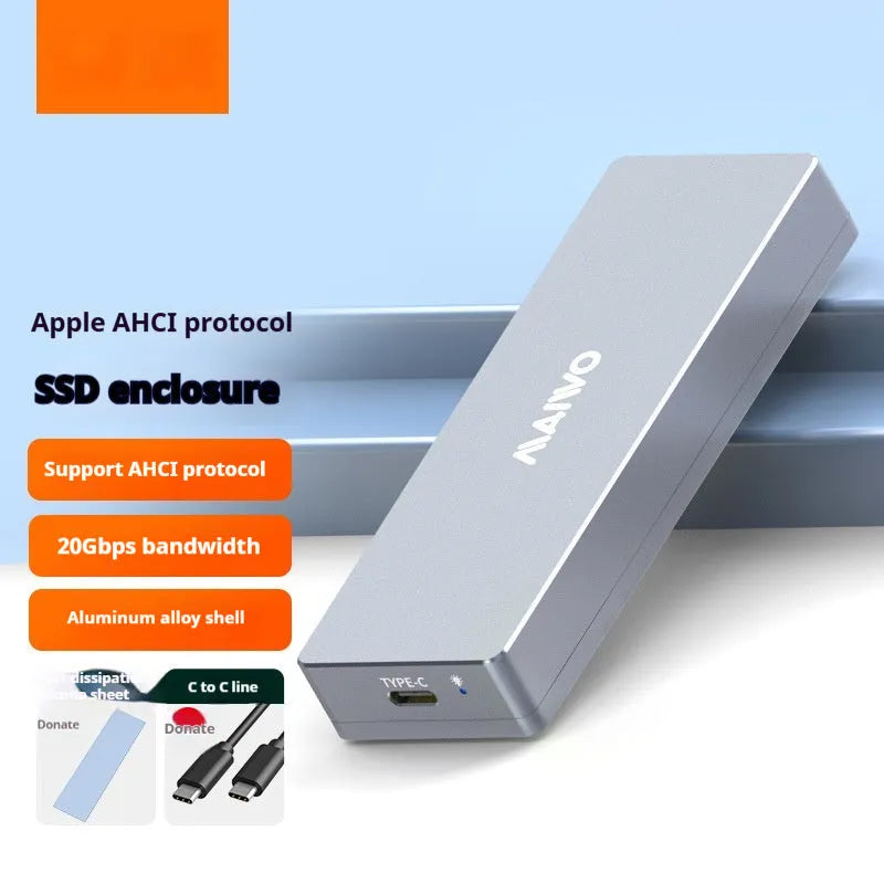 Aluminium M.2 NVMe SSD external enclosure with USB Type-C cable and installation tools on a grey background.