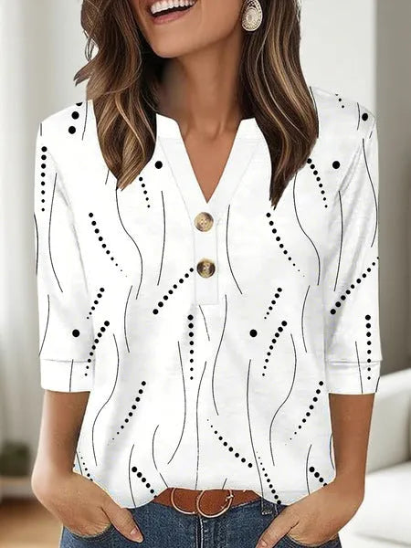 Women's casual printed V-neck top with 3D pattern in loose Japanese Korean fit