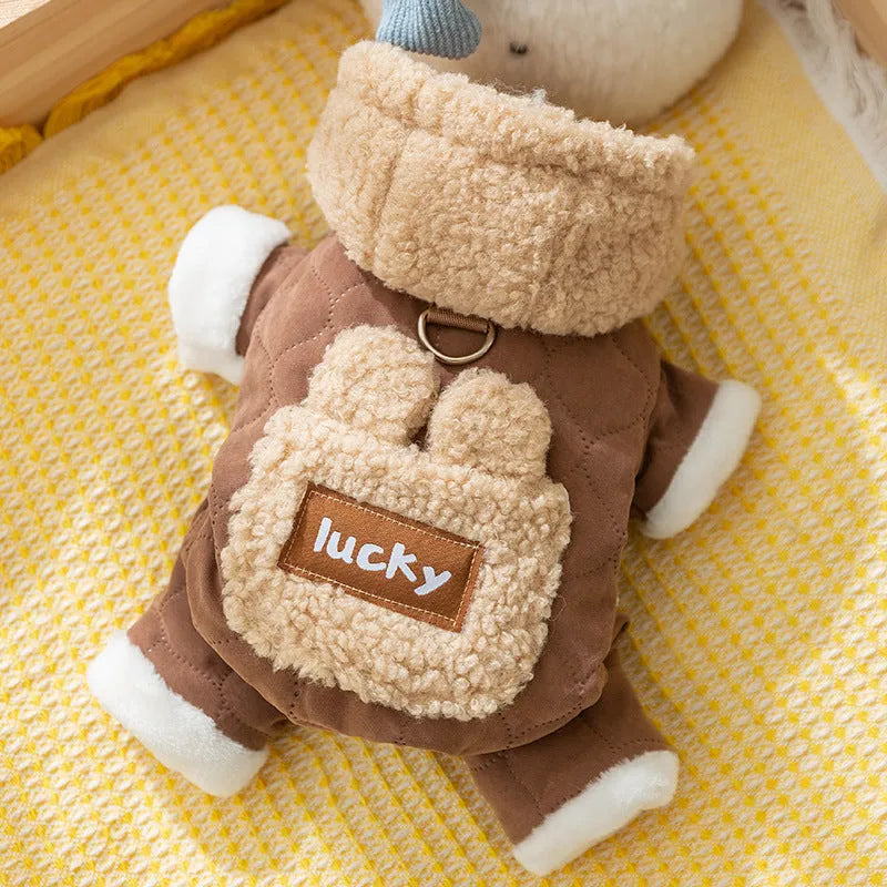 Thick warm four-legged pet coat with bear ears, patch pocket and D-ring for small dogs and cats