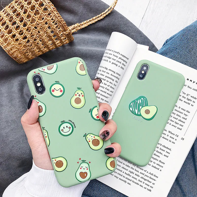 Cartoon avocado design printed on a green TPU phone back cover for Apple iPhone.