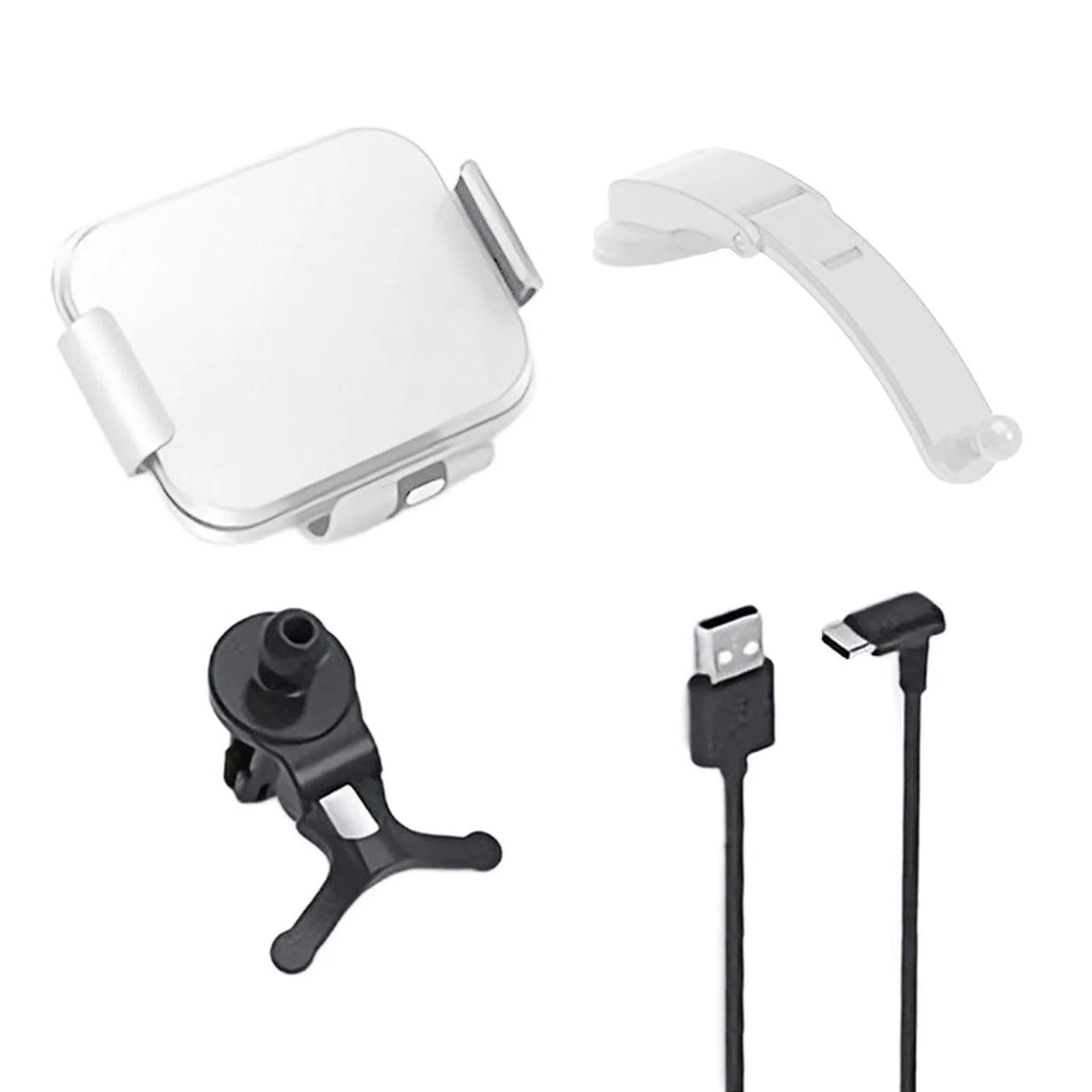 Grey in-car mobile phone holder with folding screen and wireless charging bracket showing air conditioner clip and suction cup mounting options